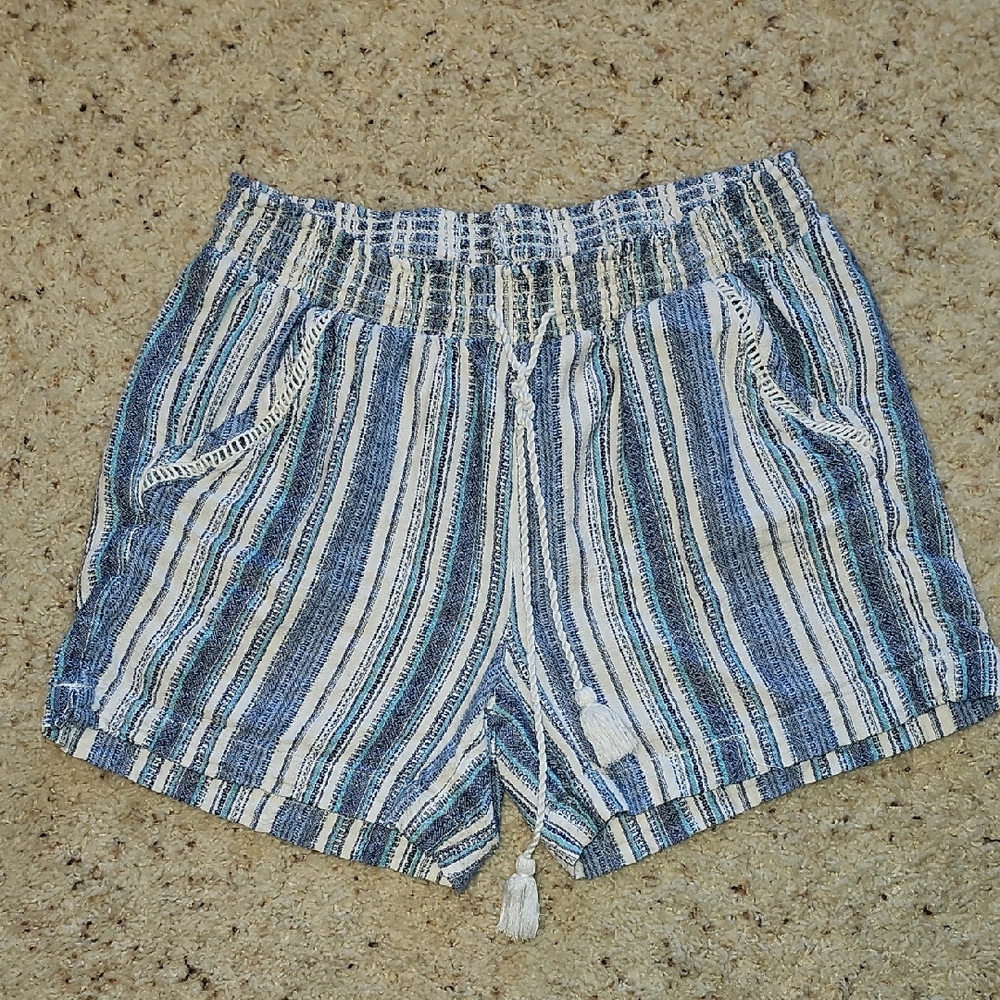 Briggs New York Blue & White Striped Drawstring Linen Blend Women's Shorts